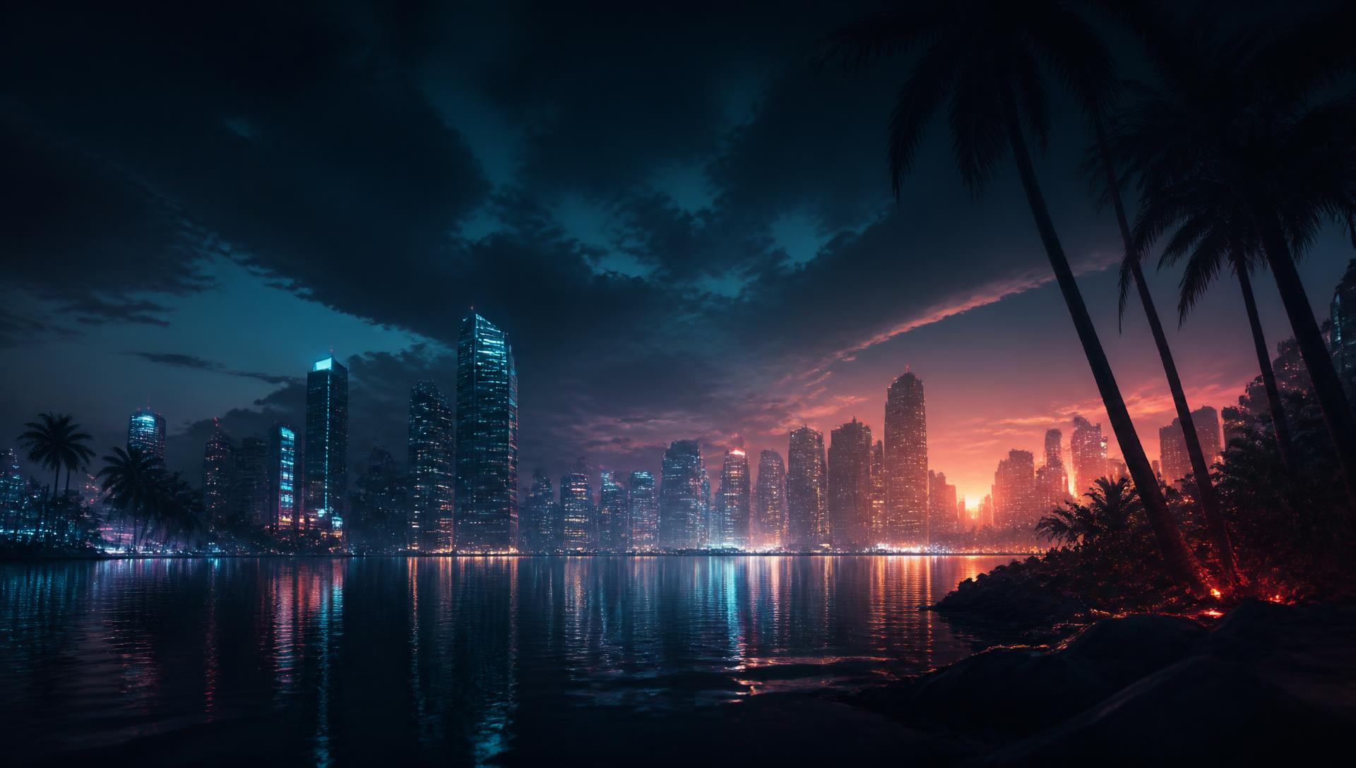 Stylised night skyline of a fictional tropical city